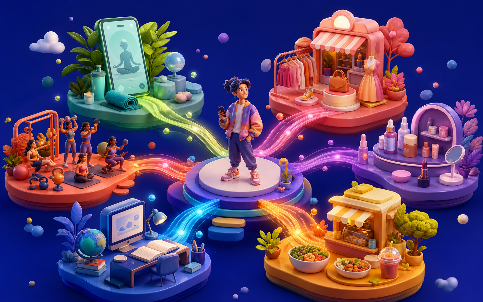 A colorful 3D creator world connected to wellness, fashion, beauty, food, education, and fitness businesses