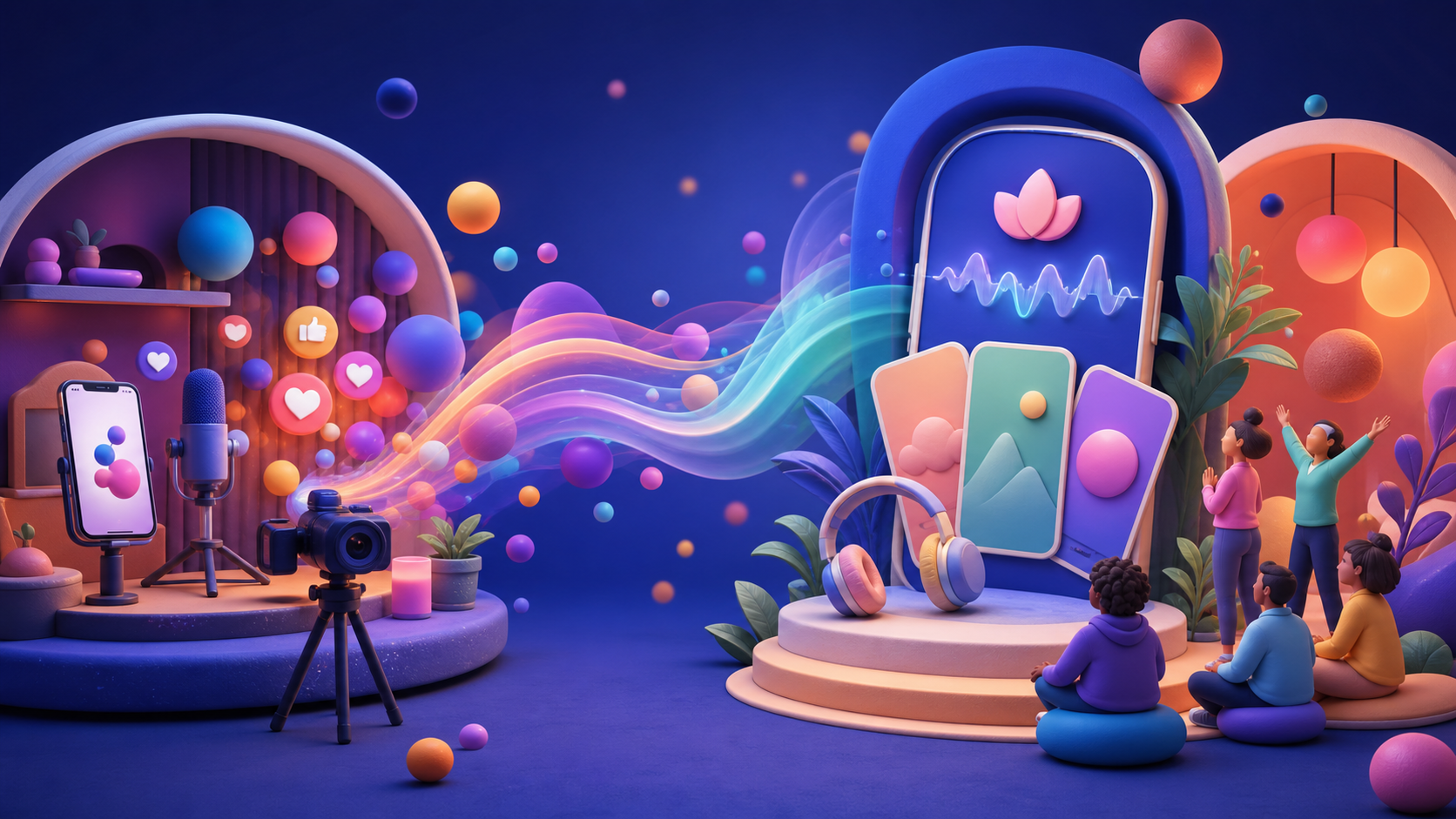 Creator content flowing into a colorful consumer wellness product